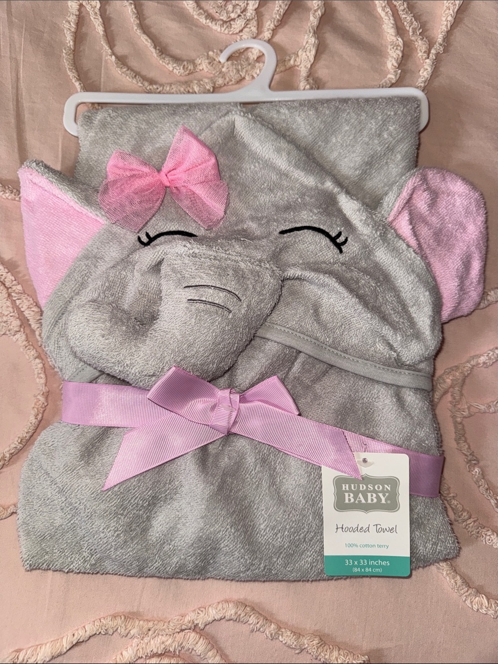 Hudson Baby Gray & Pink Elephant Hooded Bath Towel with Bow